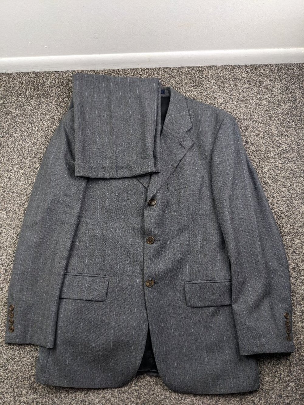 Vintage Ralph Lauren Suit 40R Wool Gray Brown Pinstripe 34x31.5